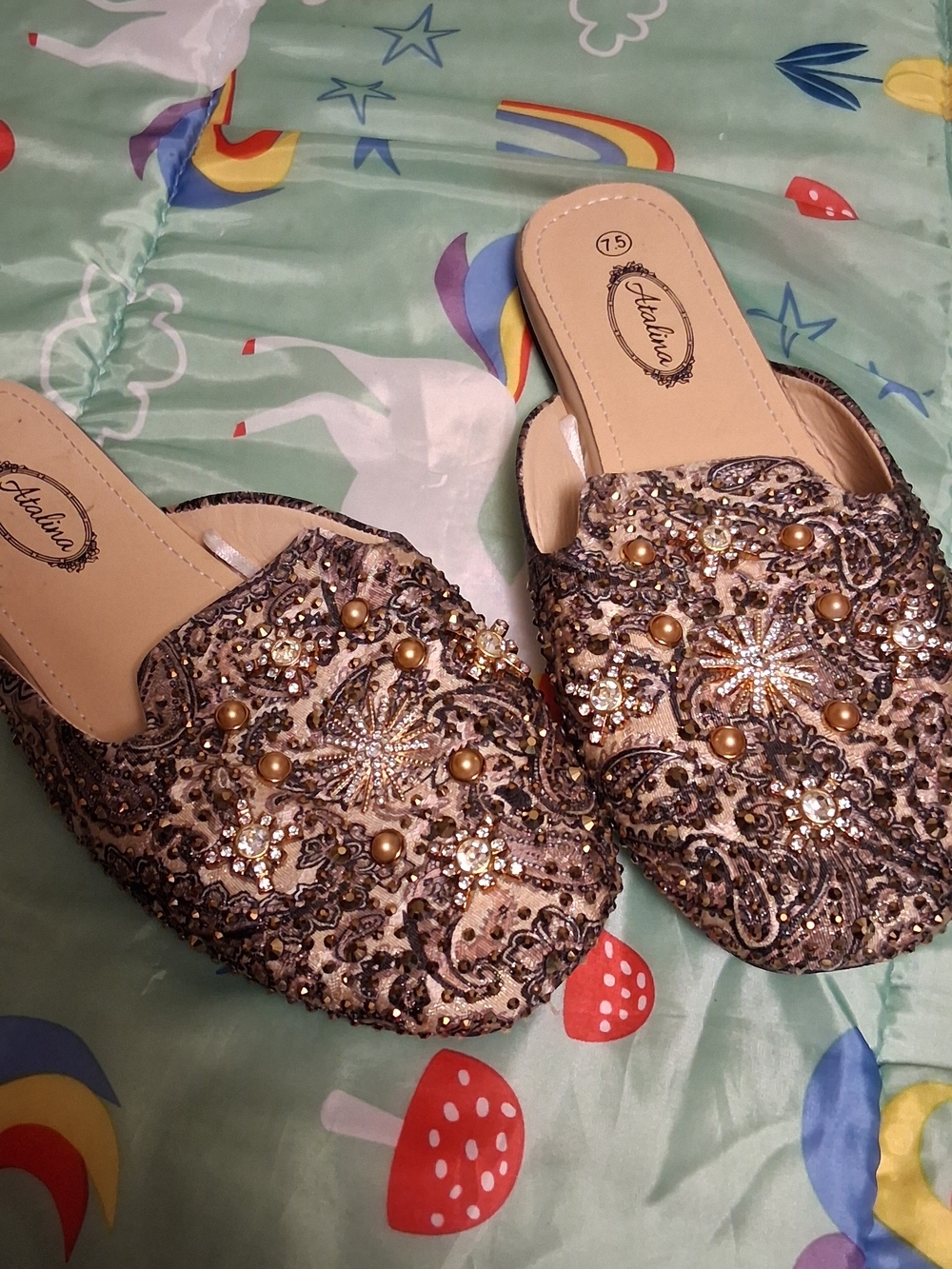 Catalina Beaded Embellished Slip-On Mules in Gold and Beige 7.5 260835